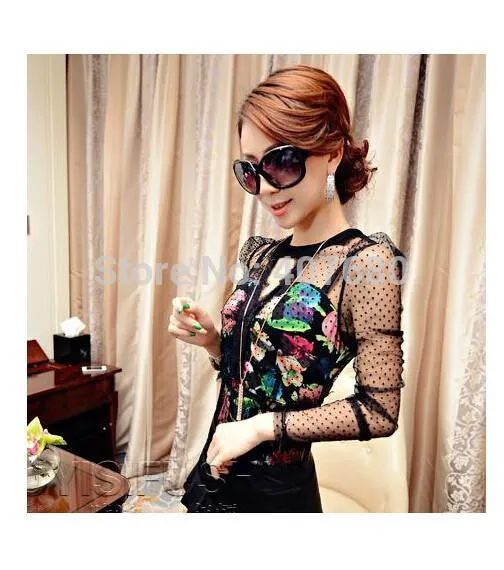 women's fashion sexy v-neck puff sleeve floral print lace blouses polka dot gauze sleeve patchwork base shirts