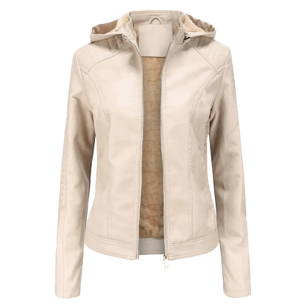 Women's Fleece Hooded Long Sleeve Leather Jacket