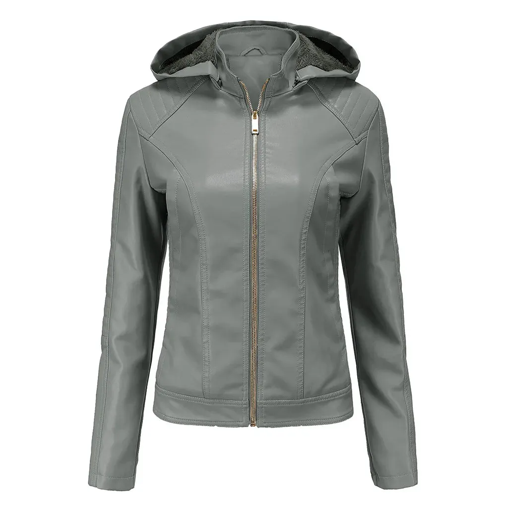 Women's Fleece Hooded Long Sleeve Leather Jacket