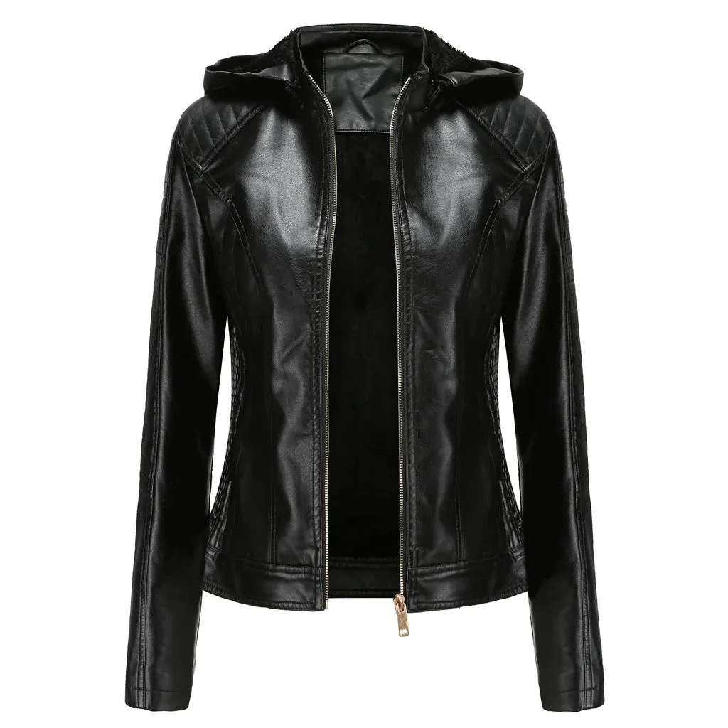 Women's Fleece Hooded Long Sleeve Leather Jacket