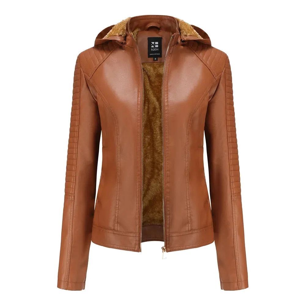 Women's Fleece Hooded Long Sleeve Leather Jacket