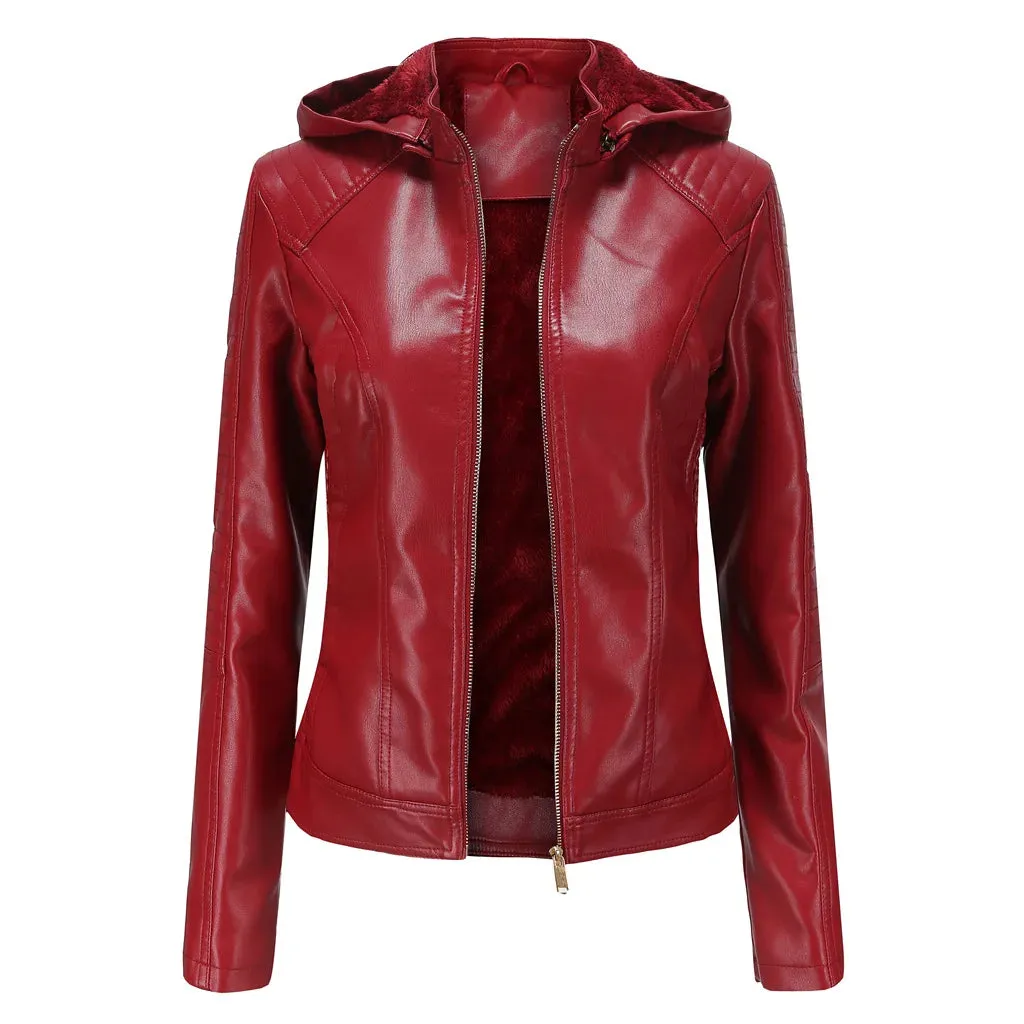Women's Fleece Hooded Long Sleeve Leather Jacket