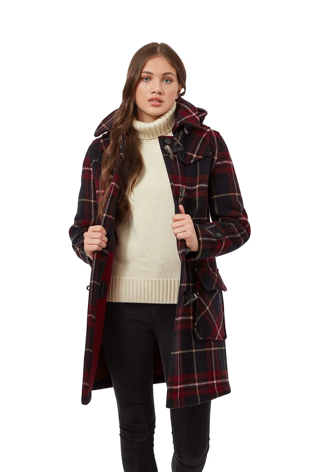 Women's London Classic Fit Duffle Coat - Burgundy Check