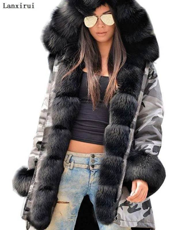 women's Parka Coats Thick Large Fur Collar Hooded Warm Coat