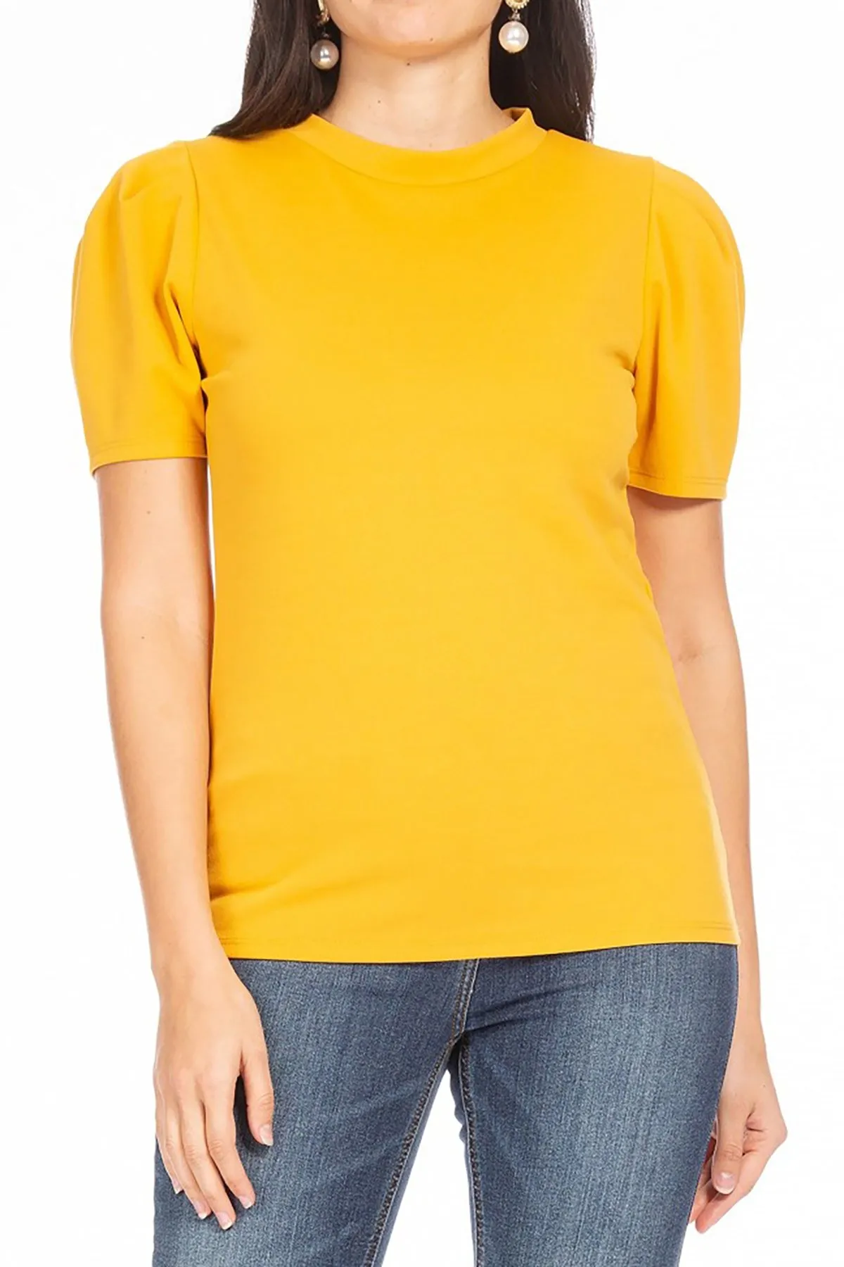 Women's Puff Sleeve Casual Solid Pullover Short Sleeve Mock Neck T Shirt Blouse Tops