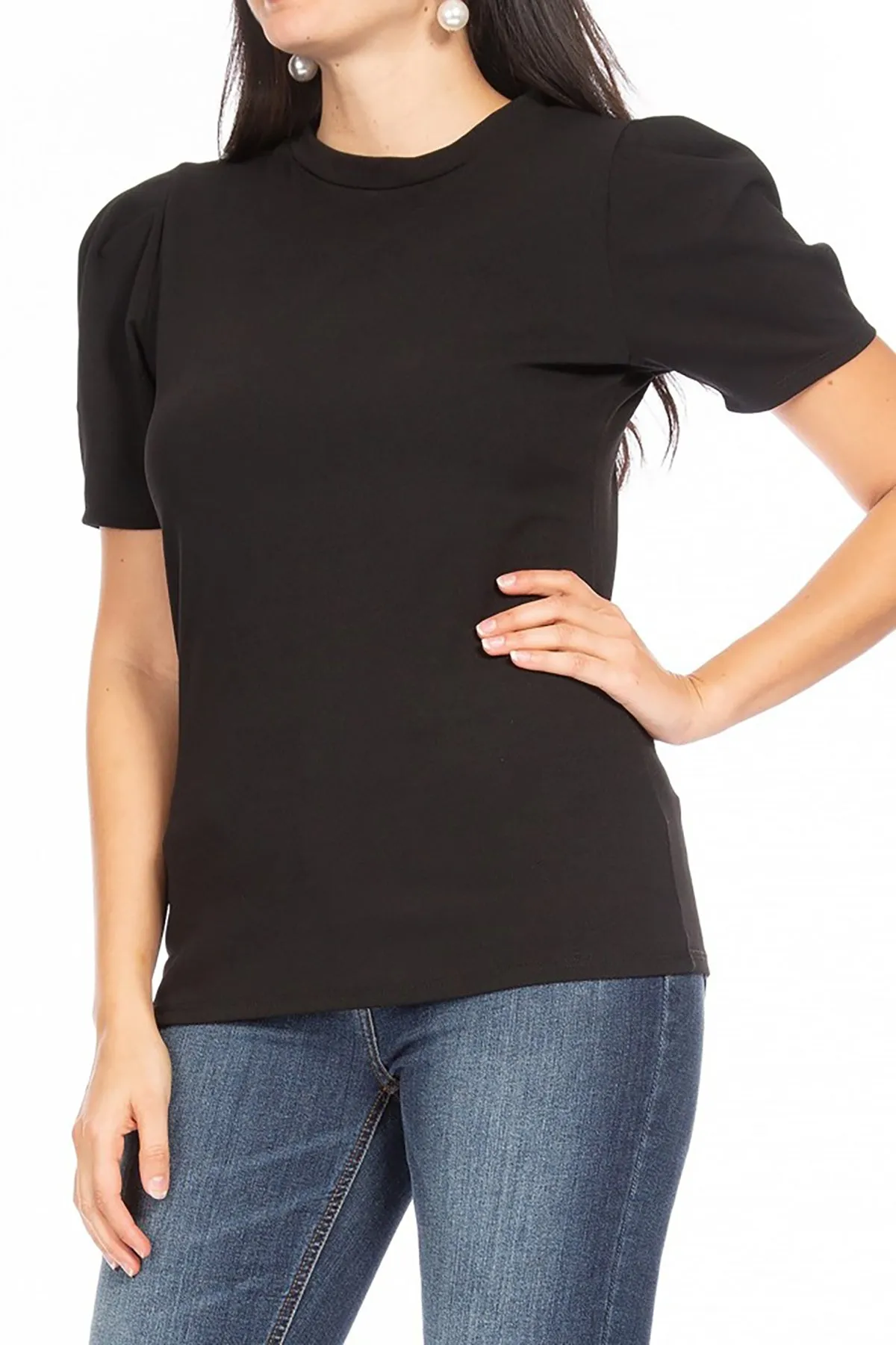 Women's Puff Sleeve Casual Solid Pullover Short Sleeve Mock Neck T Shirt Blouse Tops