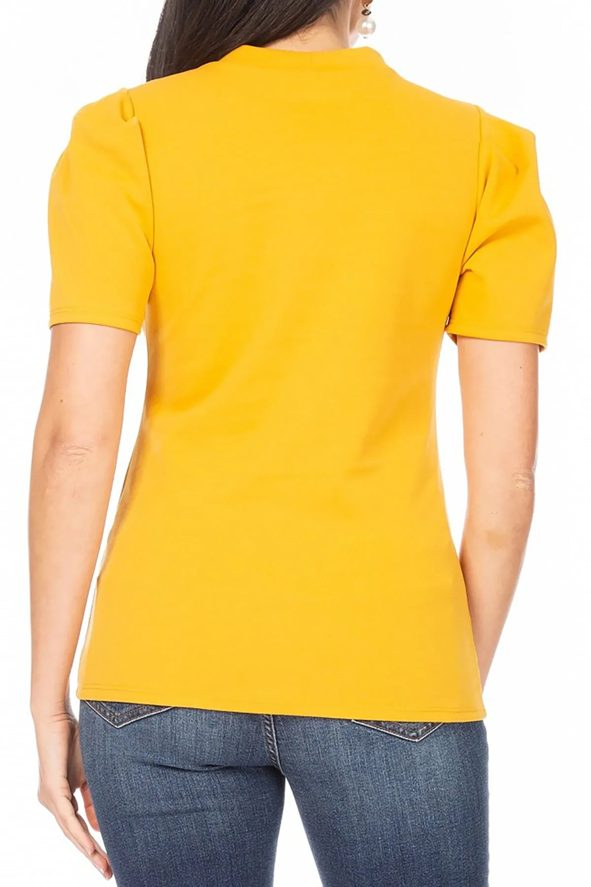 Women's Puff Sleeve Casual Solid Pullover Short Sleeve Mock Neck T Shirt Blouse Tops