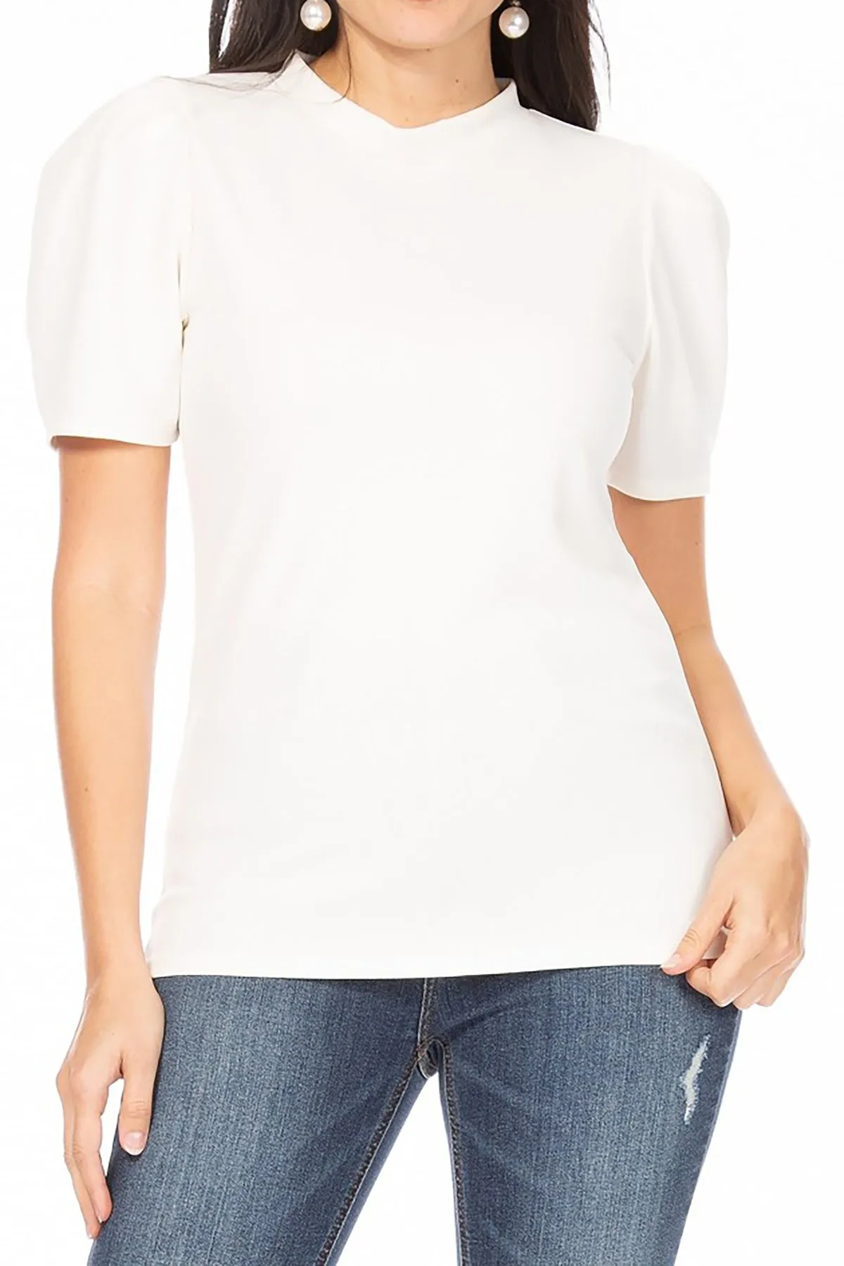 Women's Puff Sleeve Casual Solid Pullover Short Sleeve Mock Neck T Shirt Blouse Tops