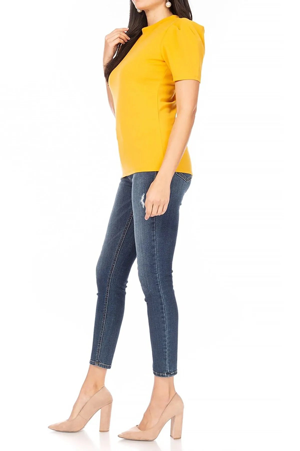 Women's Puff Sleeve Casual Solid Pullover Short Sleeve Mock Neck T Shirt Blouse Tops