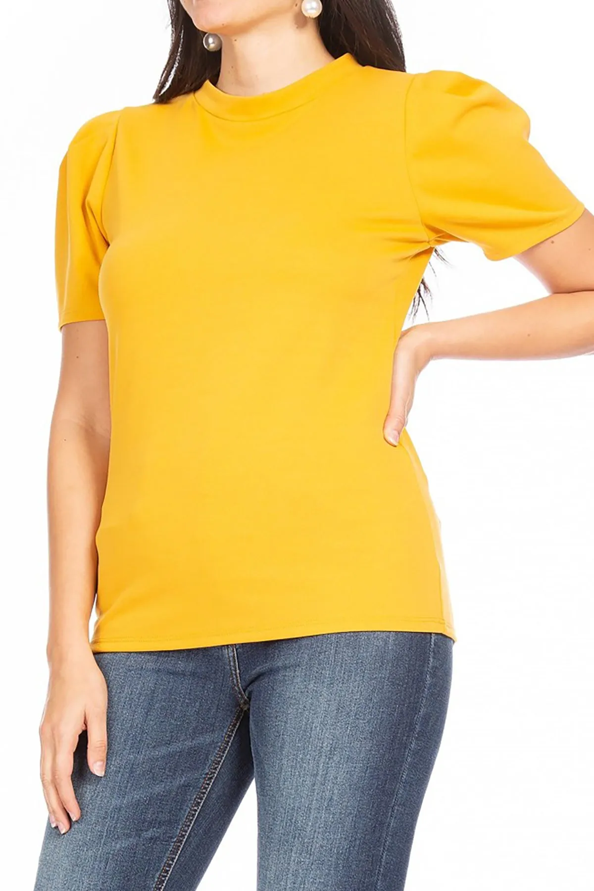 Women's Puff Sleeve Casual Solid Pullover Short Sleeve Mock Neck T Shirt Blouse Tops