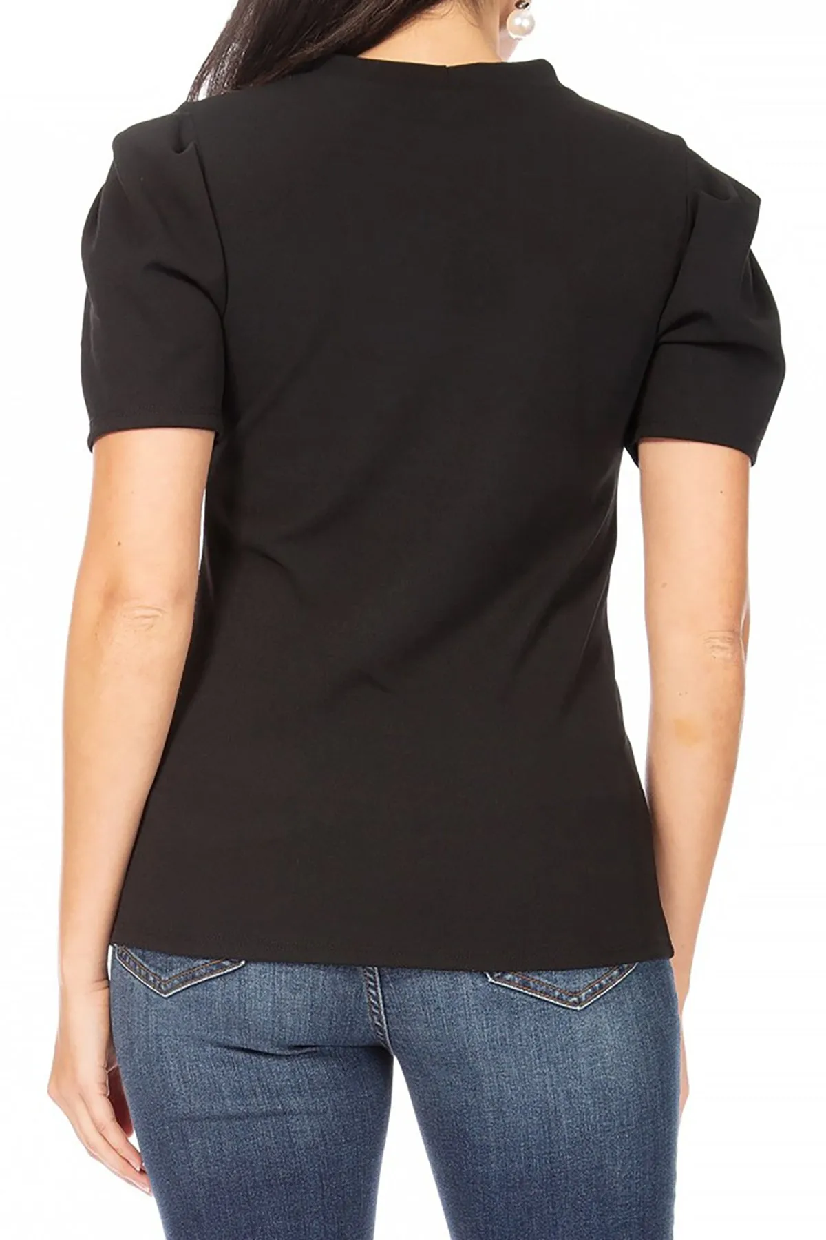 Women's Puff Sleeve Casual Solid Pullover Short Sleeve Mock Neck T Shirt Blouse Tops