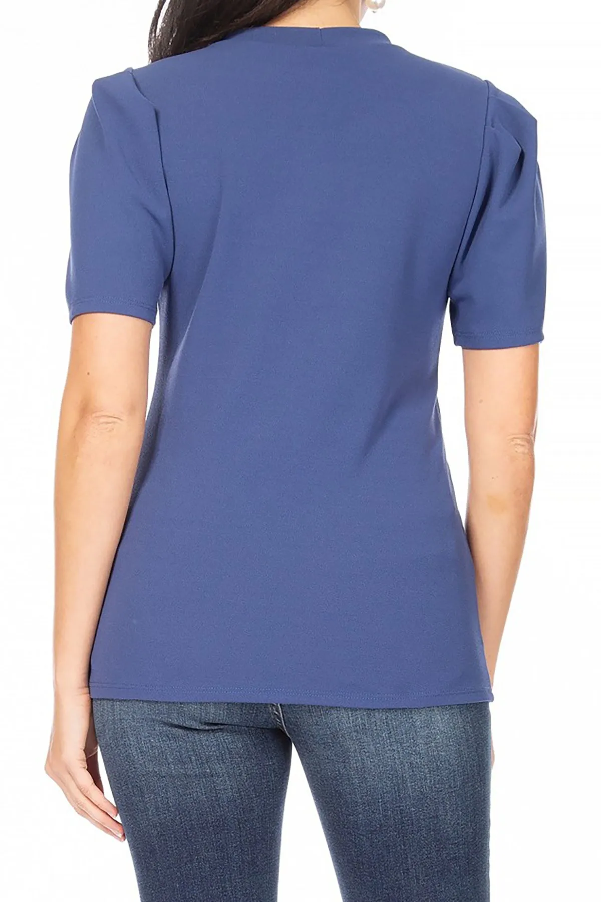 Women's Puff Sleeve Casual Solid Pullover Short Sleeve Mock Neck T Shirt Blouse Tops