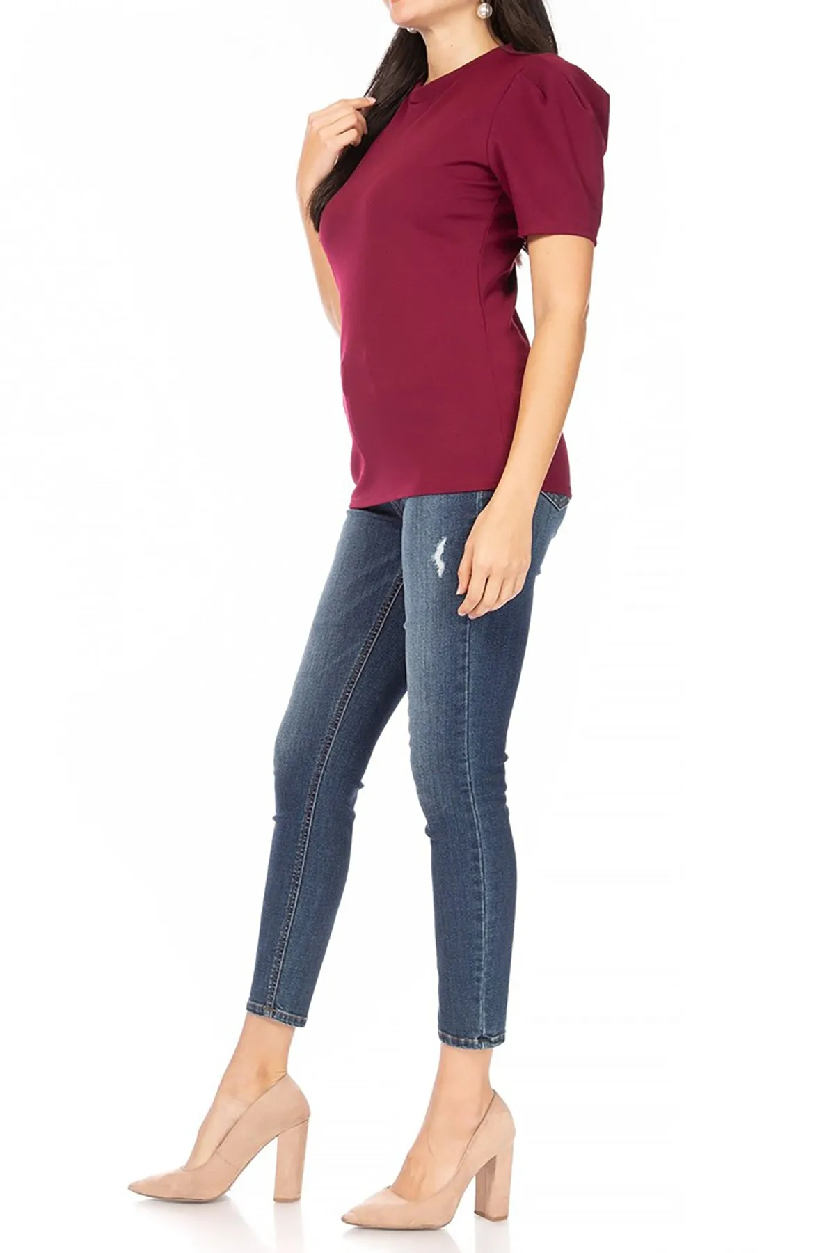 Women's Puff Sleeve Casual Solid Pullover Short Sleeve Mock Neck T Shirt Blouse Tops