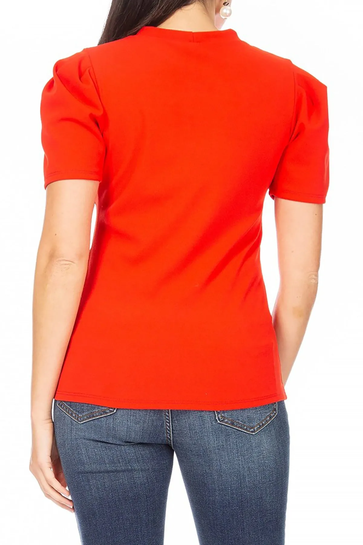 Women's Puff Sleeve Casual Solid Pullover Short Sleeve Mock Neck T Shirt Blouse Tops