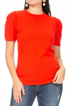 Women's Puff Sleeve Casual Solid Pullover Short Sleeve Mock Neck T Shirt Blouse Tops
