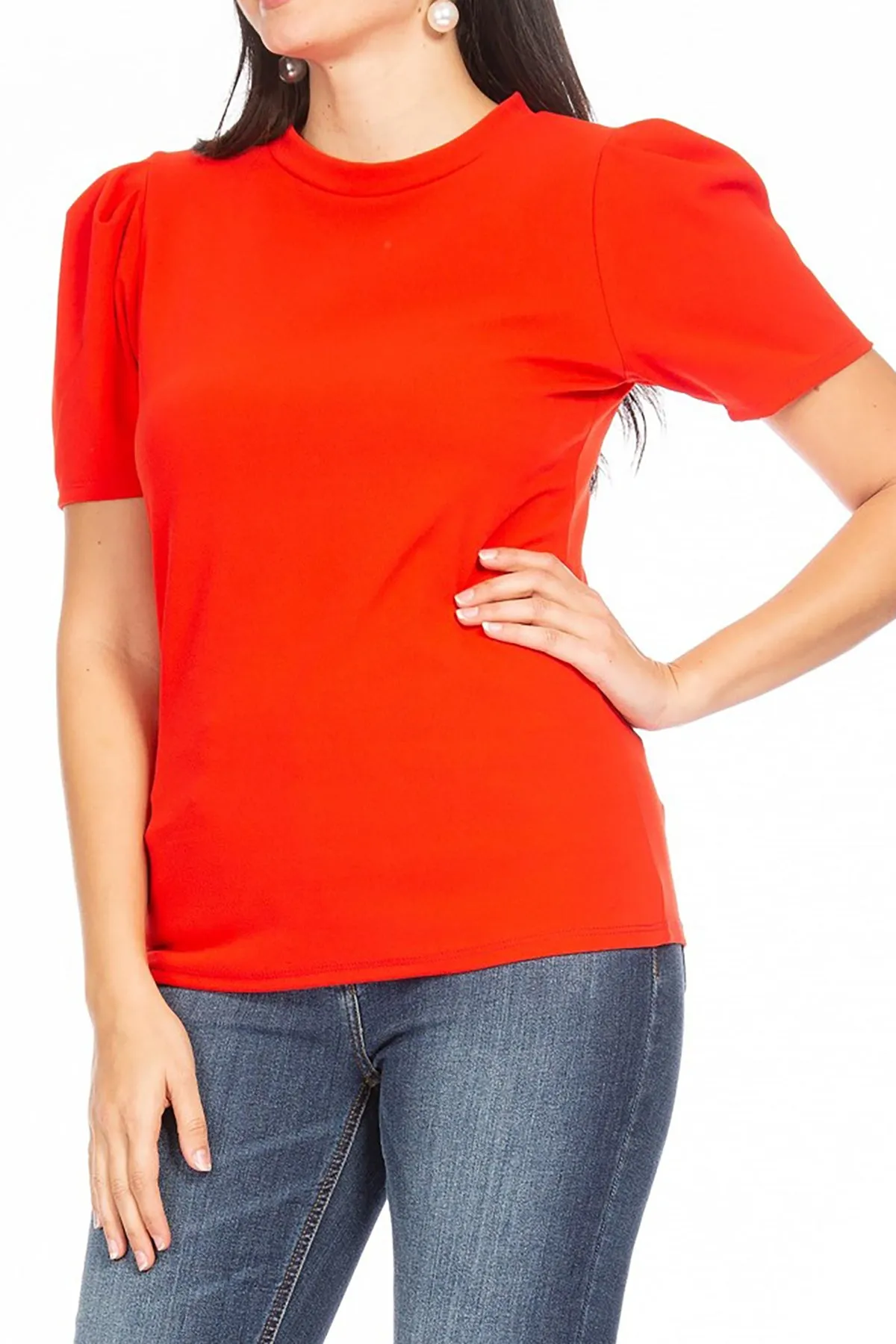 Women's Puff Sleeve Casual Solid Pullover Short Sleeve Mock Neck T Shirt Blouse Tops