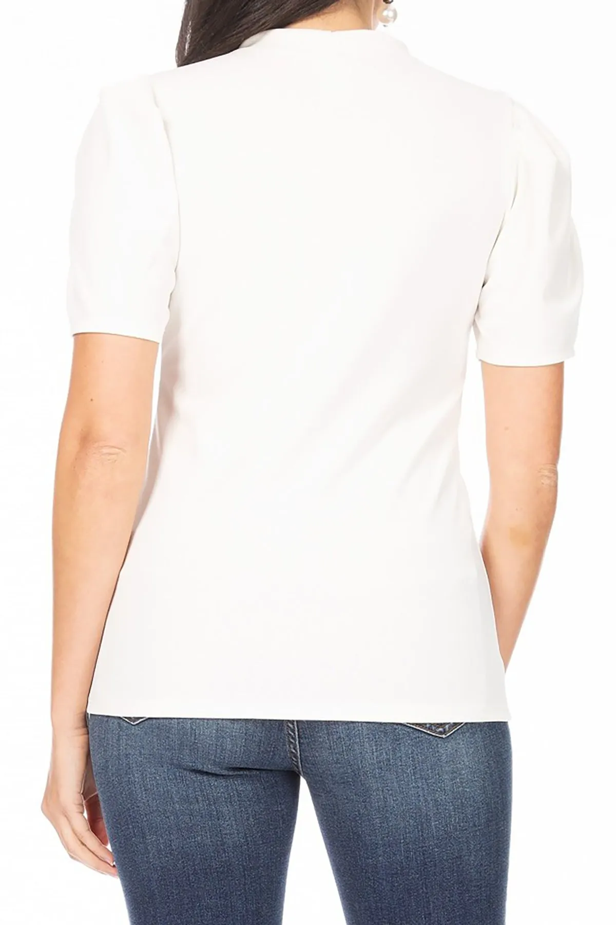 Women's Puff Sleeve Casual Solid Pullover Short Sleeve Mock Neck T Shirt Blouse Tops