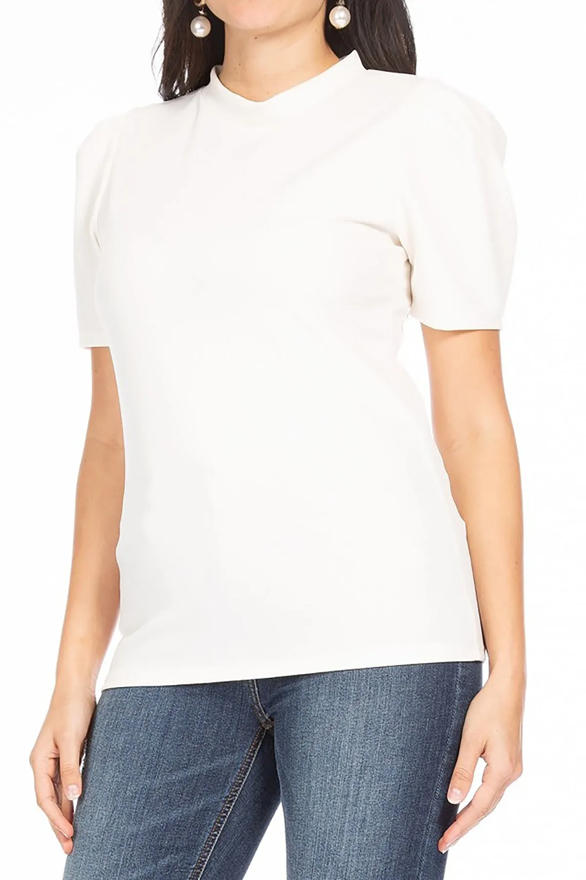 Women's Puff Sleeve Casual Solid Pullover Short Sleeve Mock Neck T Shirt Blouse Tops