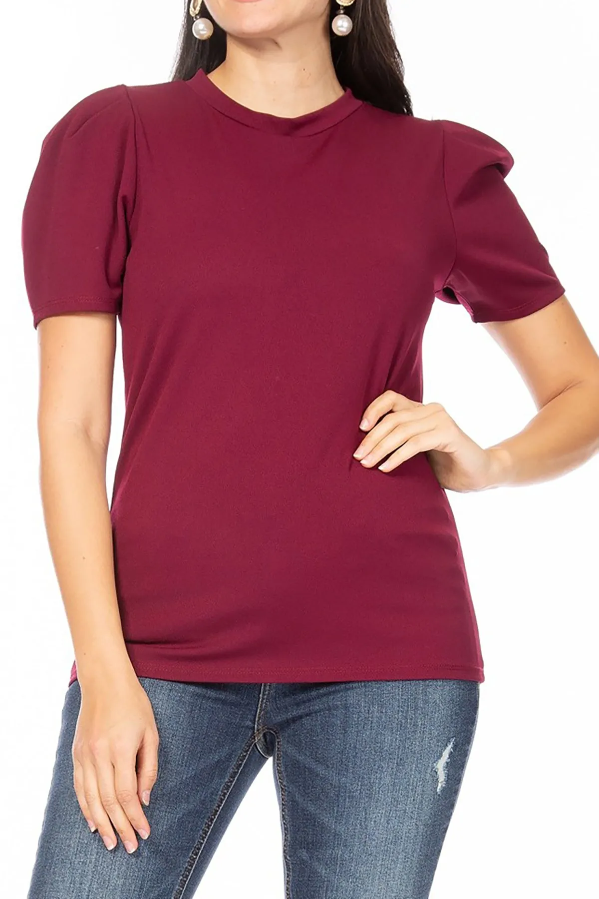 Women's Puff Sleeve Casual Solid Pullover Short Sleeve Mock Neck T Shirt Blouse Tops