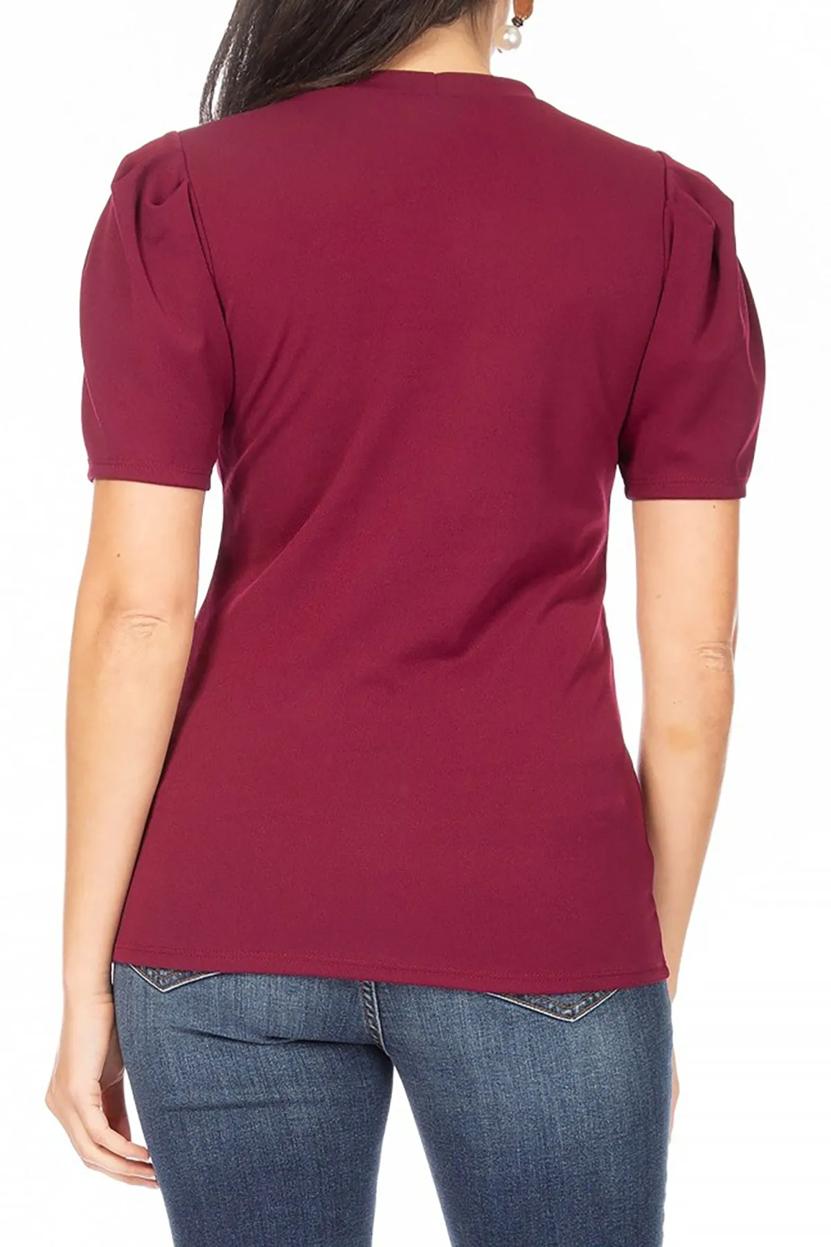 Women's Puff Sleeve Casual Solid Pullover Short Sleeve Mock Neck T Shirt Blouse Tops