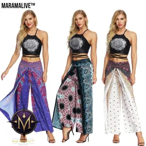Women's Wide Leg Boho Yoga Harem Pants Comfy Gypsy Hippie Indian Thailand Bohemian Palazzo Pants Smocked Waist