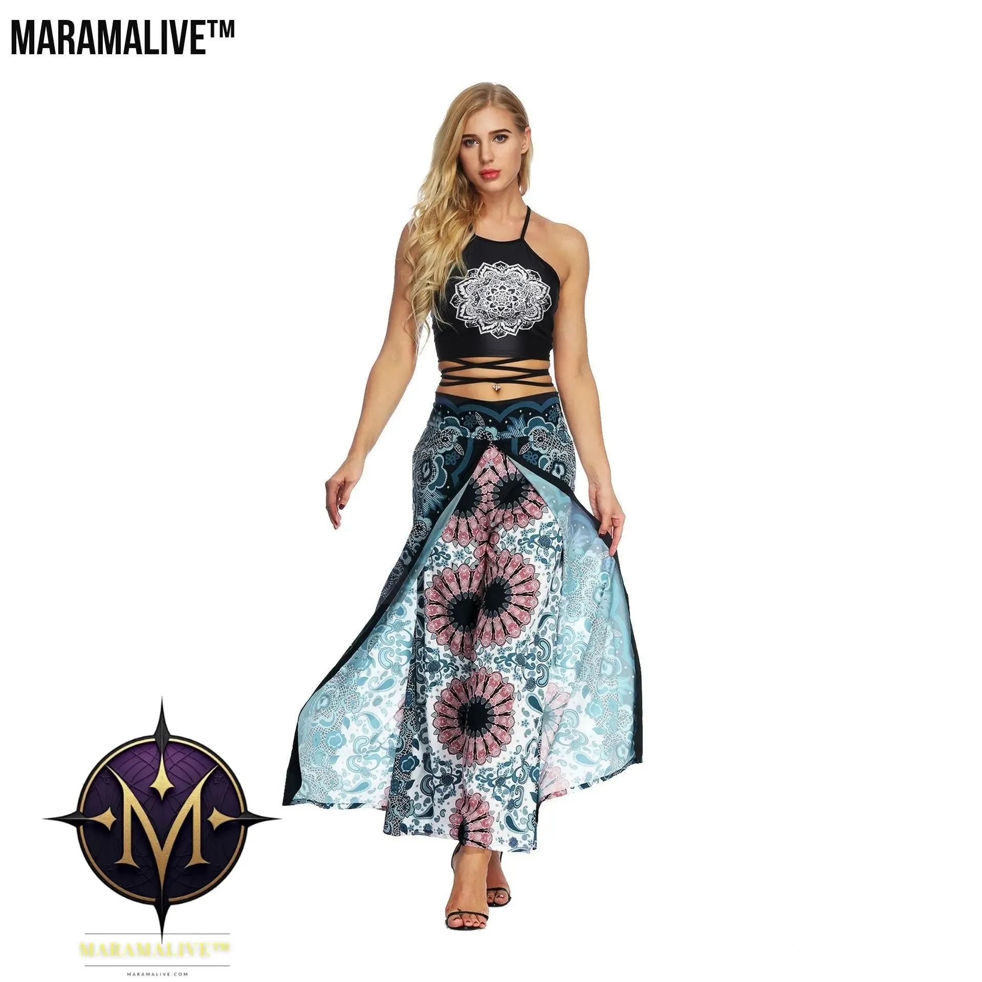 Women's Wide Leg Boho Yoga Harem Pants Comfy Gypsy Hippie Indian Thailand Bohemian Palazzo Pants Smocked Waist