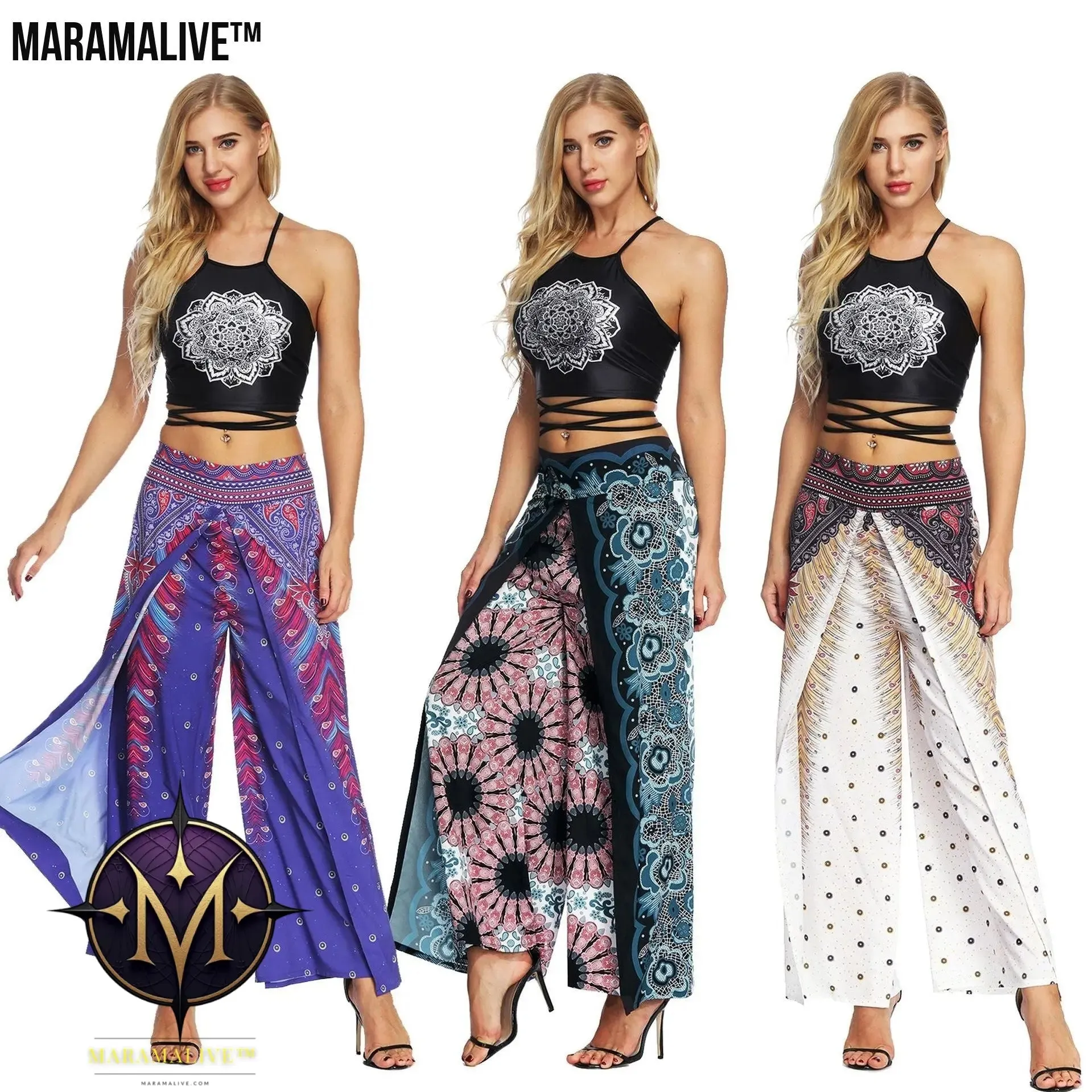 Women's Wide Leg Boho Yoga Harem Pants Comfy Gypsy Hippie Indian Thailand Bohemian Palazzo Pants Smocked Waist