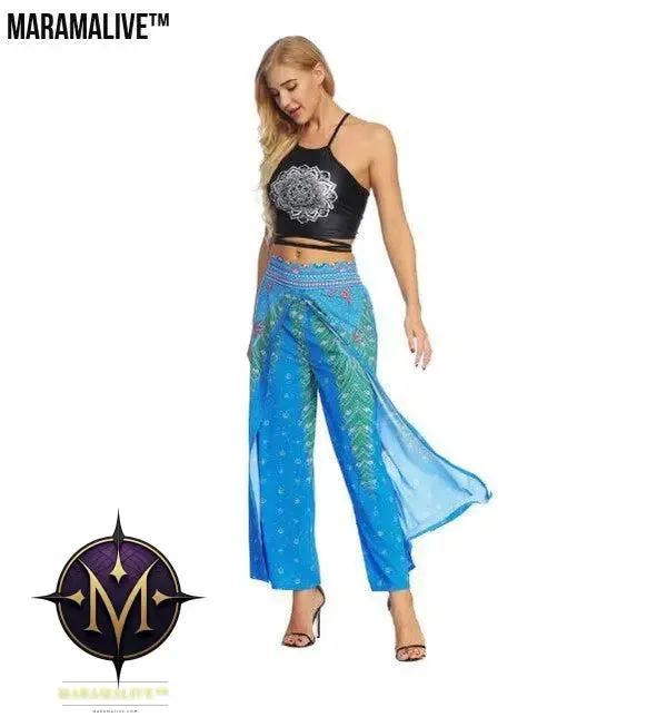 Women's Wide Leg Boho Yoga Harem Pants Comfy Gypsy Hippie Indian Thailand Bohemian Palazzo Pants Smocked Waist