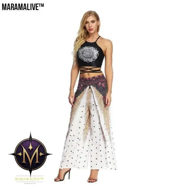 Women's Wide Leg Boho Yoga Harem Pants Comfy Gypsy Hippie Indian Thailand Bohemian Palazzo Pants Smocked Waist
