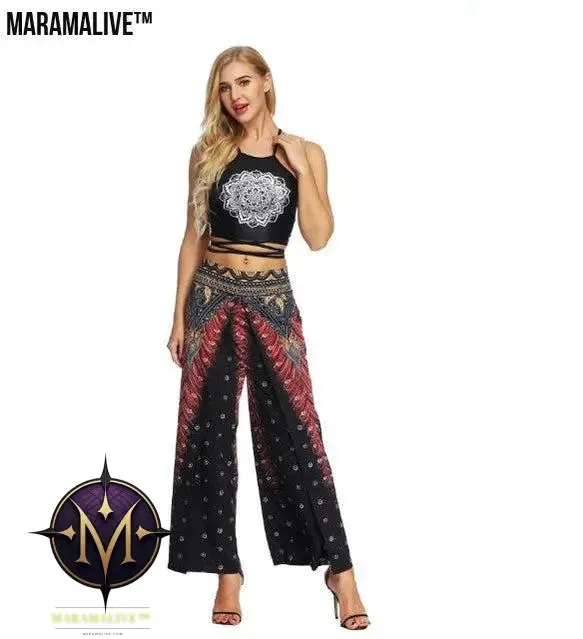 Women's Wide Leg Boho Yoga Harem Pants Comfy Gypsy Hippie Indian Thailand Bohemian Palazzo Pants Smocked Waist