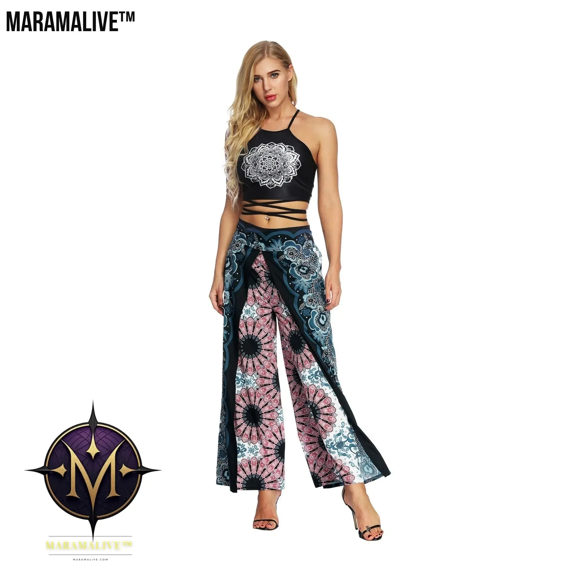 Women's Wide Leg Boho Yoga Harem Pants Comfy Gypsy Hippie Indian Thailand Bohemian Palazzo Pants Smocked Waist
