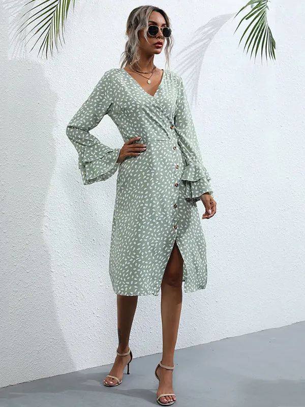 Wrap Polka Dot Dress with Bell Sleeves and Front Slit