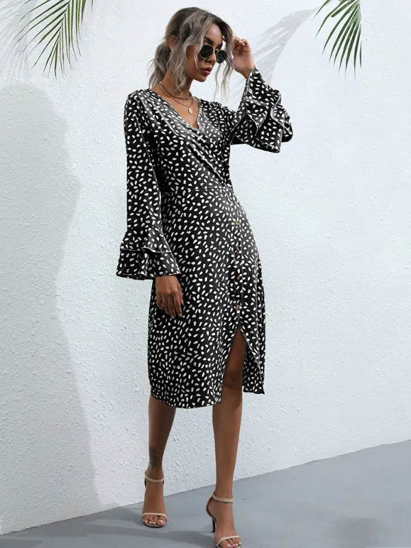 Wrap Polka Dot Dress with Bell Sleeves and Front Slit