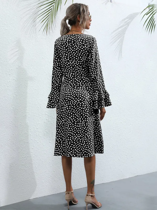 Wrap Polka Dot Dress with Bell Sleeves and Front Slit