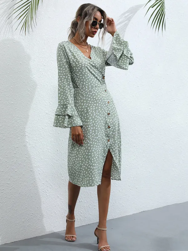 Wrap Polka Dot Dress with Bell Sleeves and Front Slit
