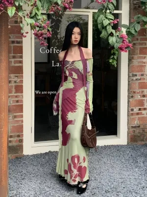 Y2K Floral Off Shoulder Maxi Dress
