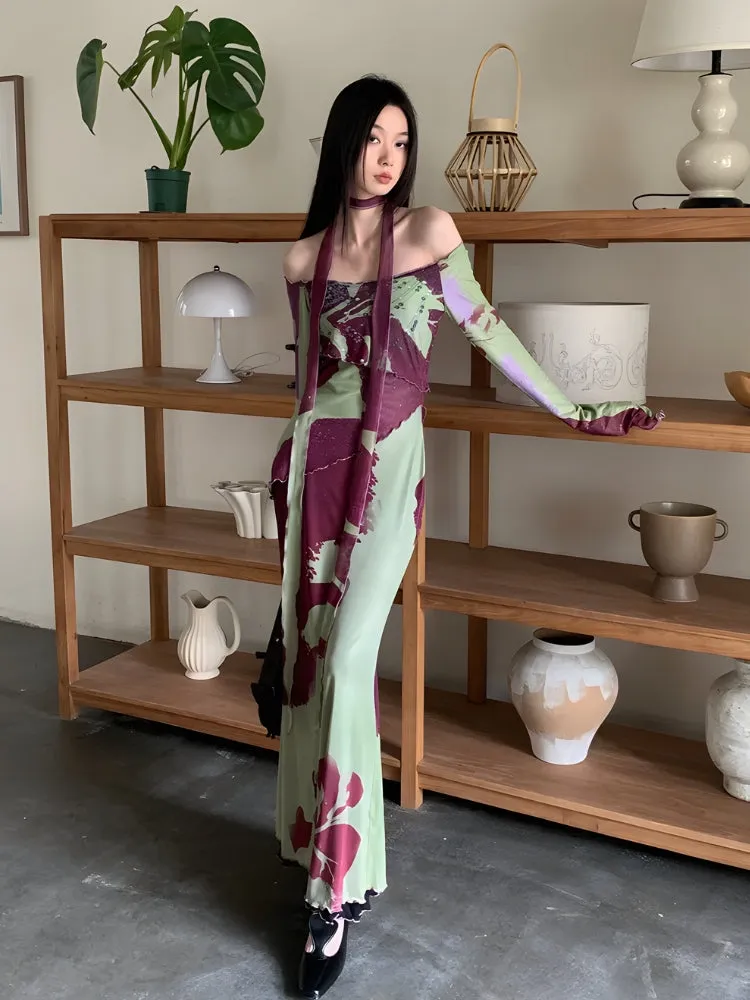 Y2K Floral Off Shoulder Maxi Dress