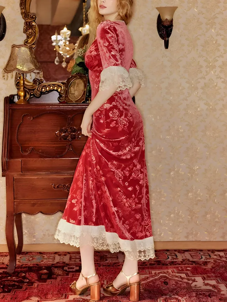Y2K Vintage Floral Velvet Midi Dress