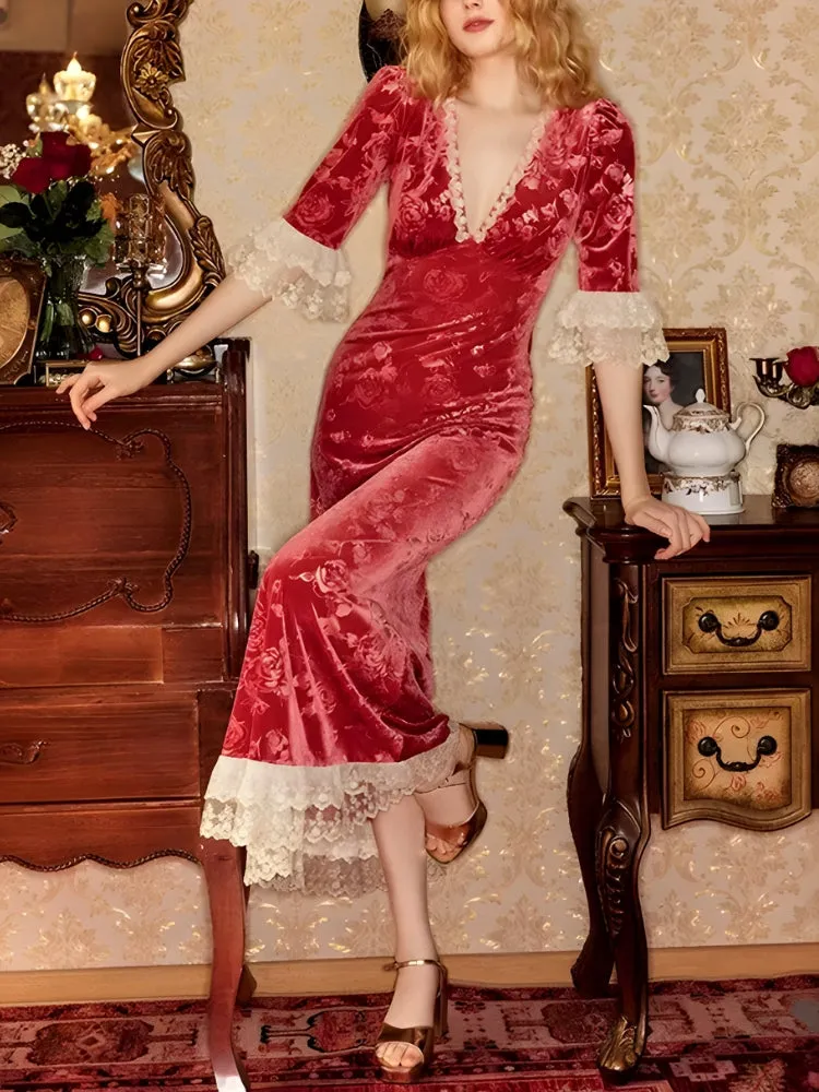 Y2K Vintage Floral Velvet Midi Dress