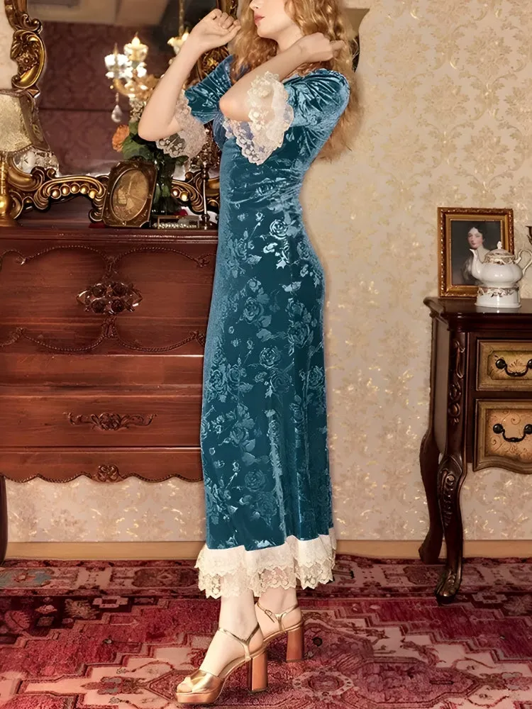 Y2K Vintage Floral Velvet Midi Dress