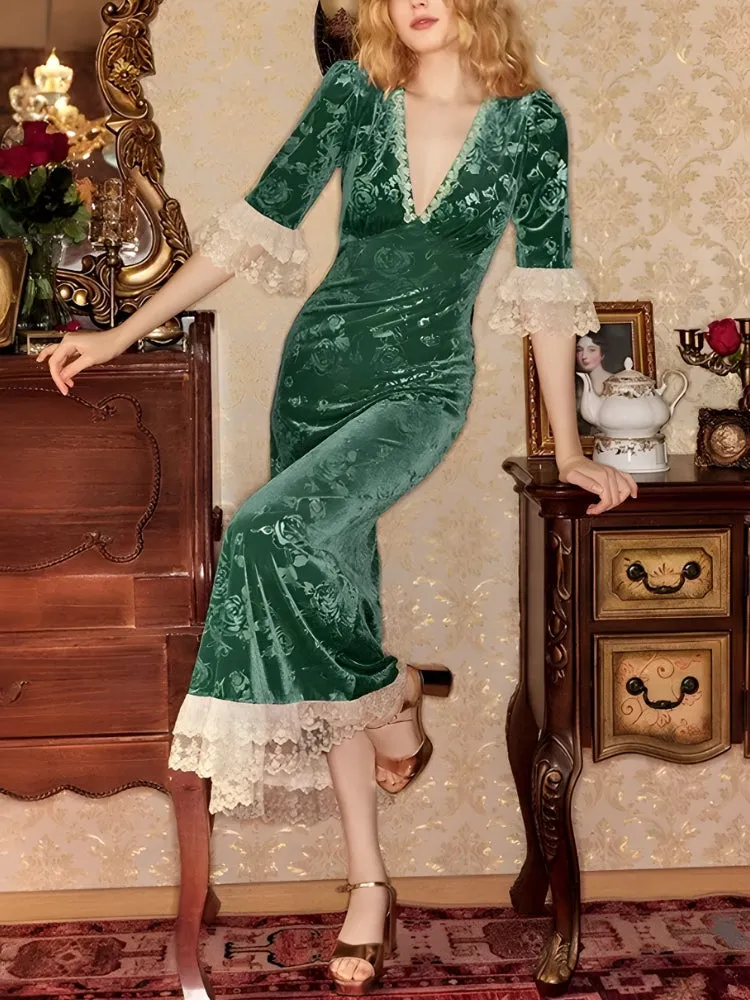 Y2K Vintage Floral Velvet Midi Dress
