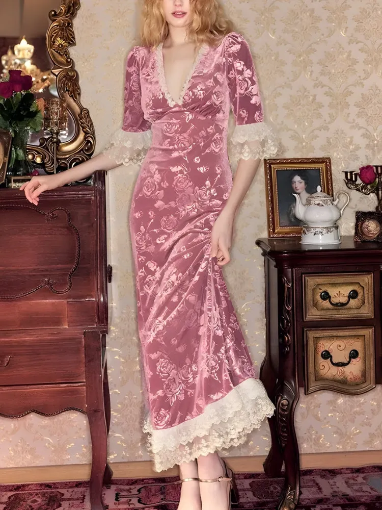 Y2K Vintage Floral Velvet Midi Dress