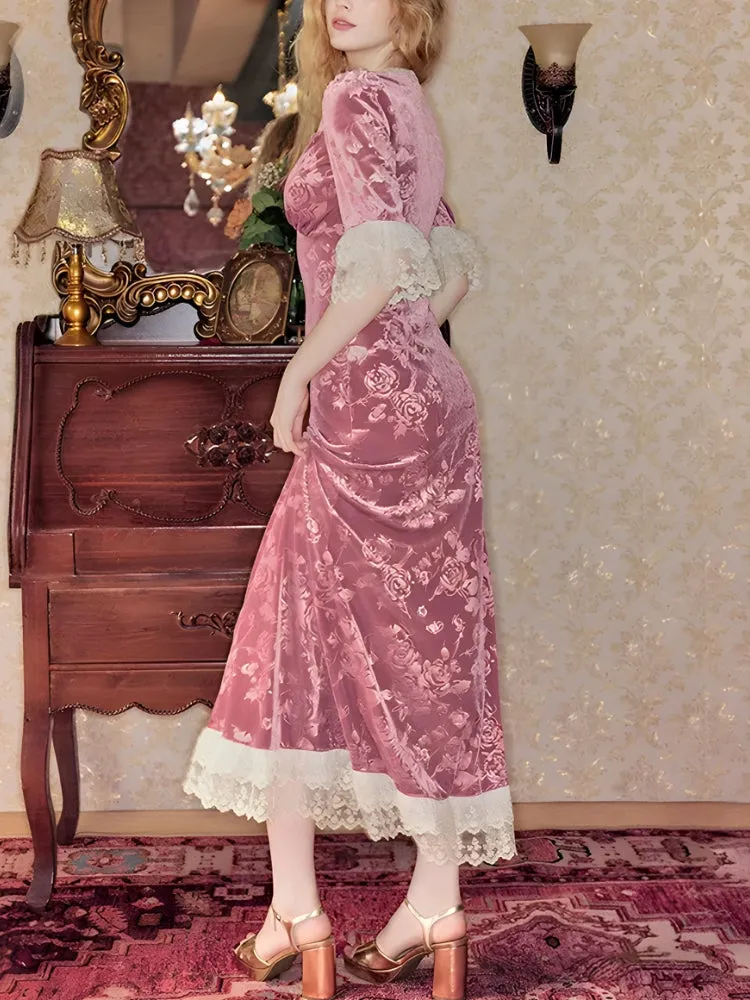 Y2K Vintage Floral Velvet Midi Dress