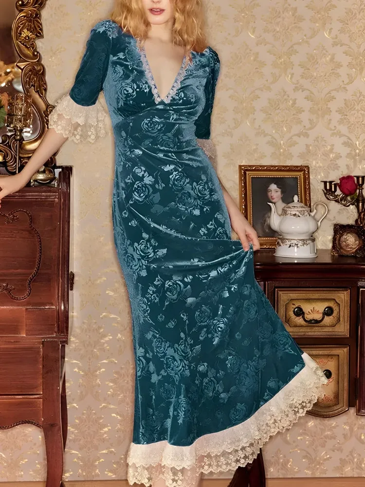 Y2K Vintage Floral Velvet Midi Dress