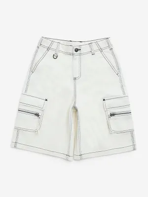 Y&F Kids Off-White Cargo-Style Mid-Rise Denim Shorts
