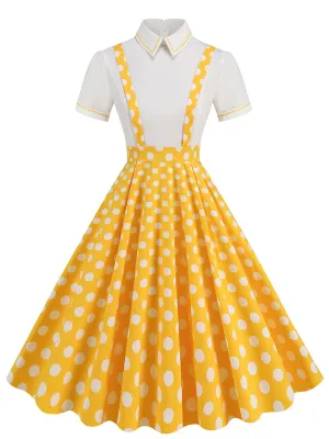 Yellow Polka Dots High Waist Audrey Hepburn Style Cocktail Suspender Swing Dress