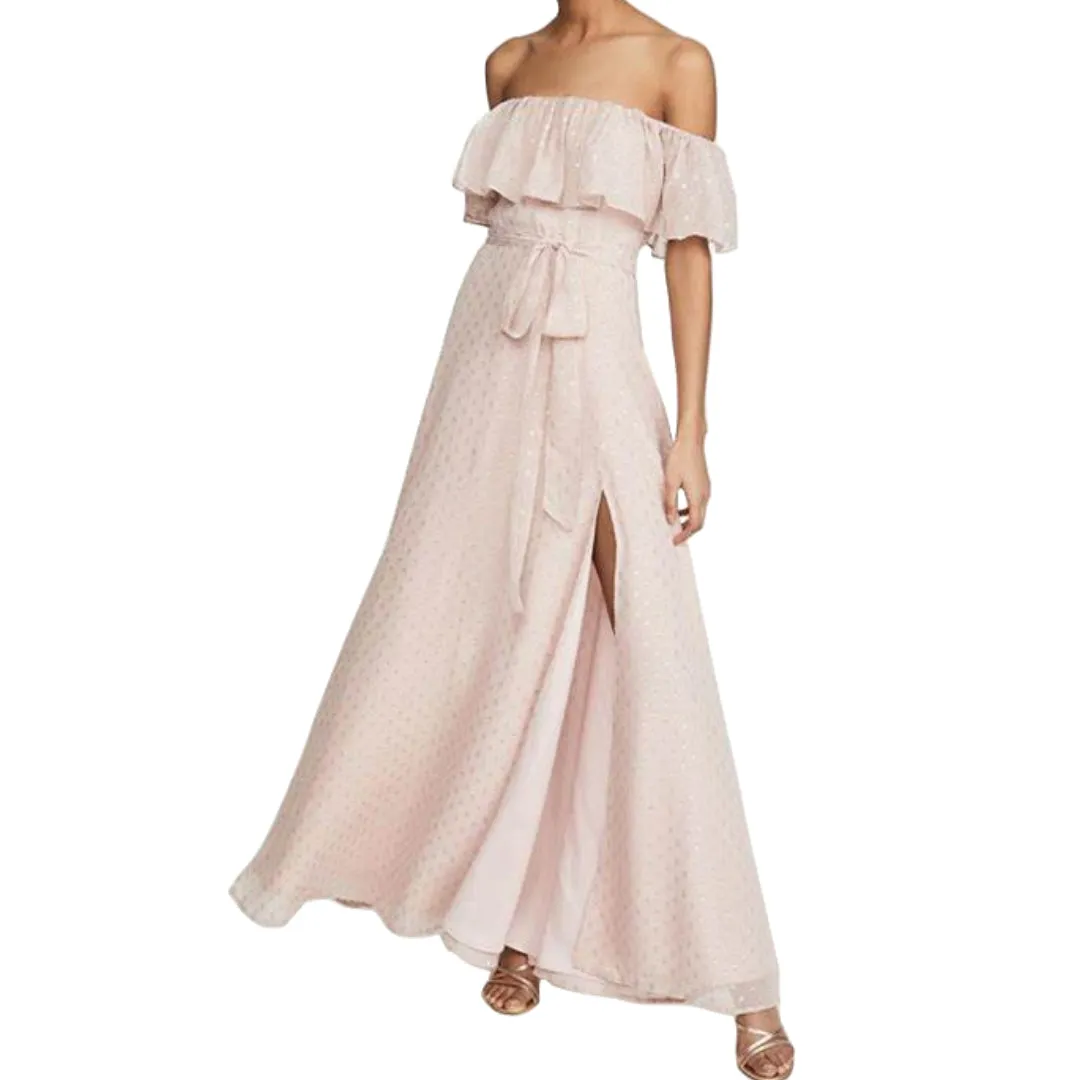 YUMI KIM Women's Lurex Swiss Dot Blush Carmen Maxi Dress #DR8220 NWT