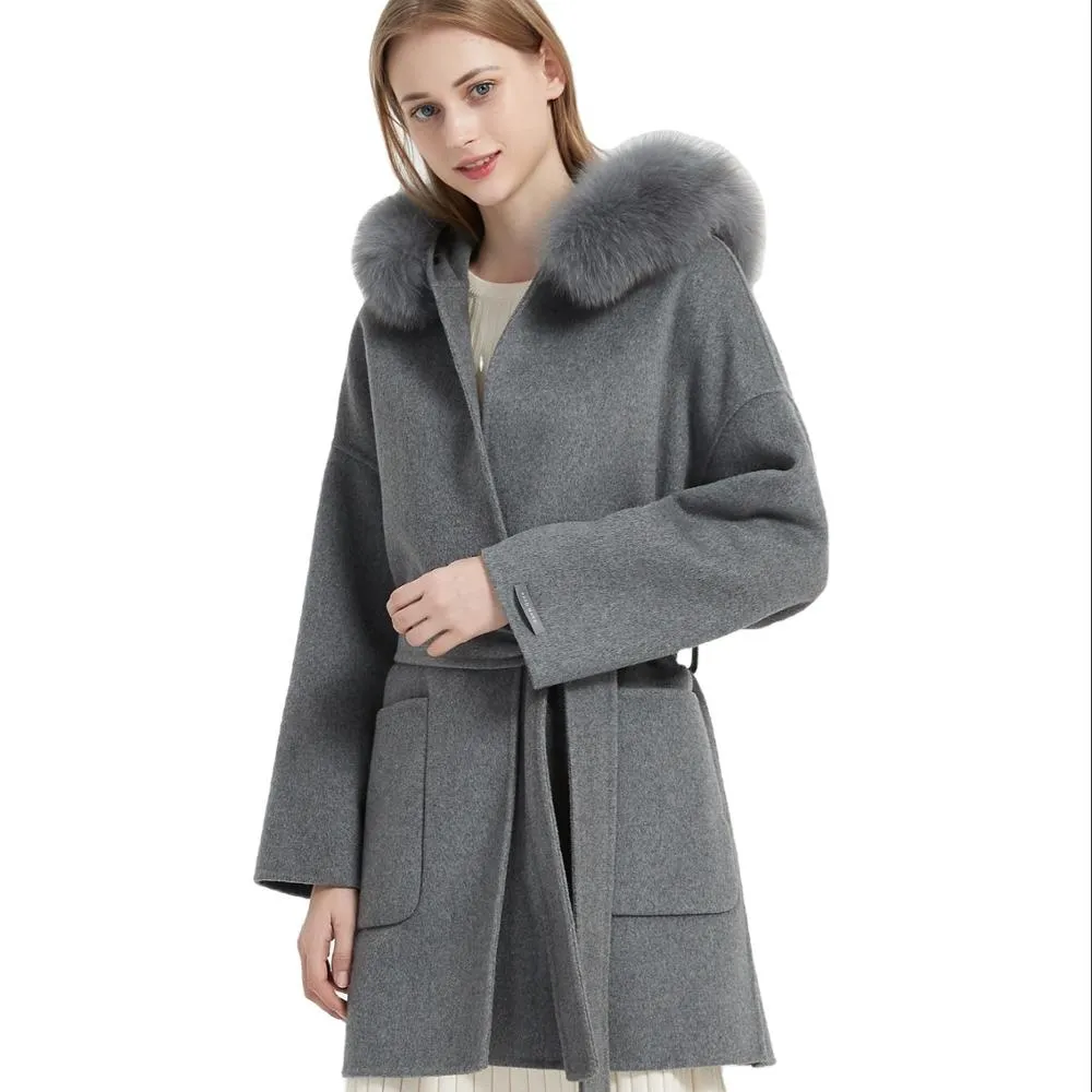 ZABRI wool coat with fox fur collar belt cashmere coats winter  wool coat with fur hood