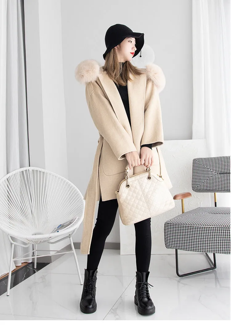 ZABRI wool coat with fox fur collar belt cashmere coats winter  wool coat with fur hood
