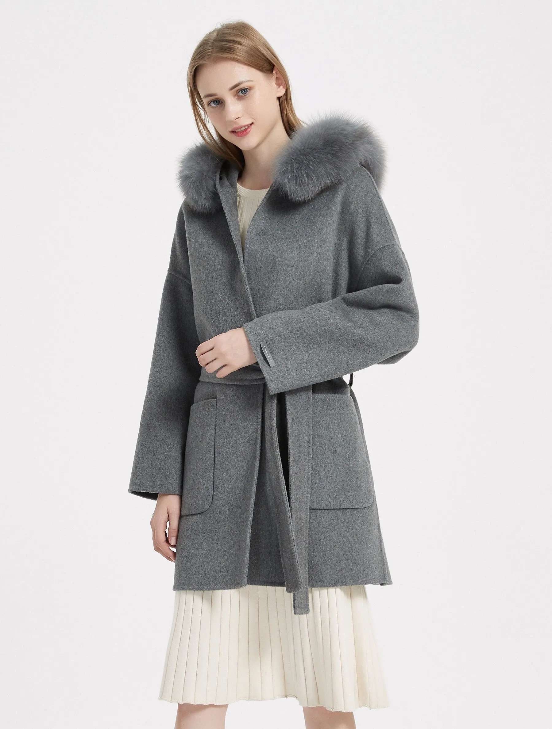 ZABRI wool coat with fox fur collar belt cashmere coats winter  wool coat with fur hood